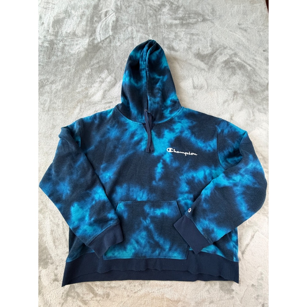Champion Hoodie Mens XXL Blue Tie Dye Pullover Sweatshirt Logo